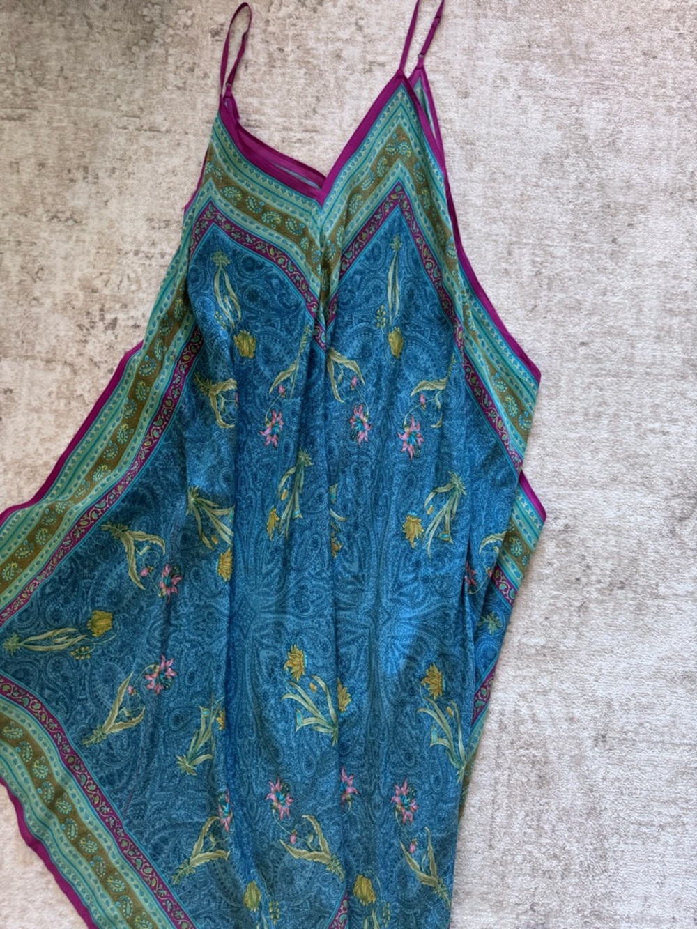 Silk-Feel Blue Floral Slip Cami with Magenta Trim